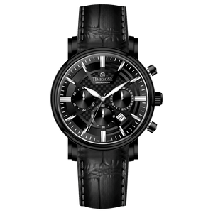 Branded wrist watch for men in pakistan. A black analog watch with a leather band, chronograph features, and a date display.