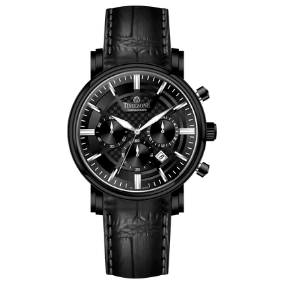 Branded wrist watch for men in pakistan. A black analog watch with a leather band, chronograph features, and a date display.