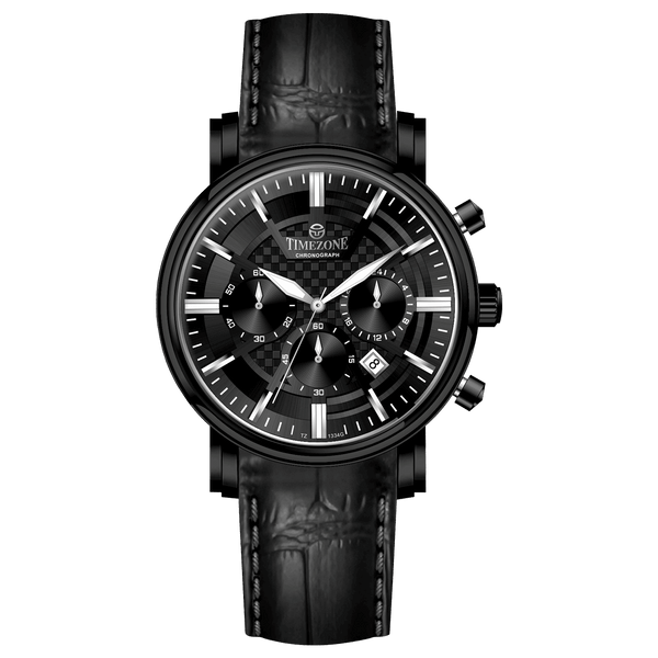 Branded wrist watch for men in pakistan. A black analog watch with a leather band, chronograph features, and a date display.