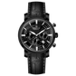Branded wrist watch for men in pakistan. A black analog watch with a leather band, chronograph features, and a date display.