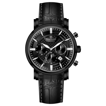 Branded wrist watch for men in pakistan. A black analog watch with a leather band, chronograph features, and a date display.