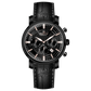 Branded wrist watch for men in pakistan. A black analog watch with a leather band, chronograph features, and a date display.