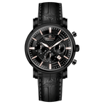 Branded wrist watch for men in pakistan. A black analog watch with a leather band, chronograph features, and a date display.