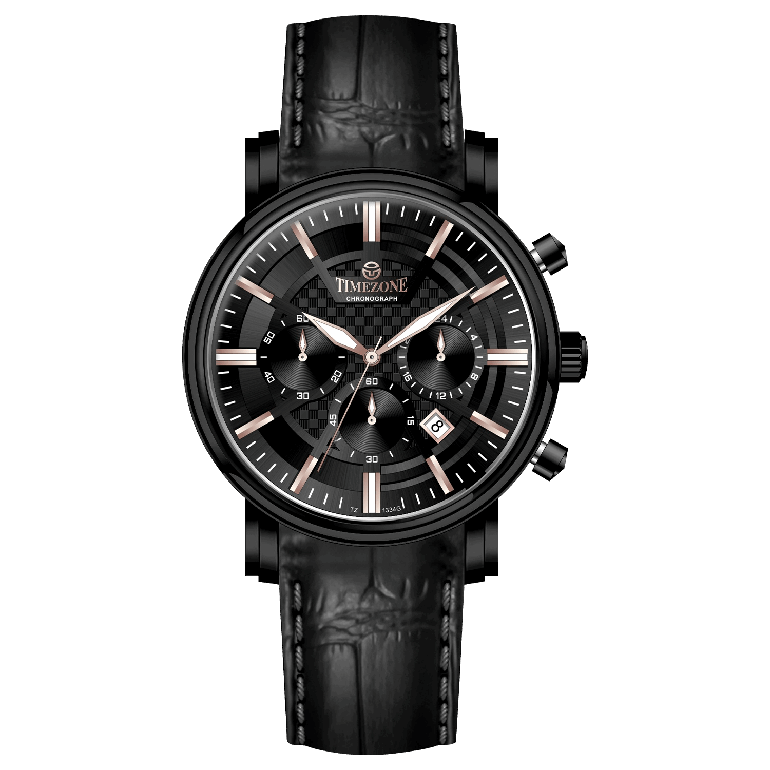 Branded wrist watch for men in pakistan. A black analog watch with a leather band, chronograph features, and a date display.