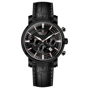 Branded wrist watch for men in pakistan. A black analog watch with a leather band, chronograph features, and a date display.