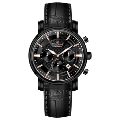 Branded wrist watch for men in pakistan. A black analog watch with a leather band, chronograph features, and a date display.