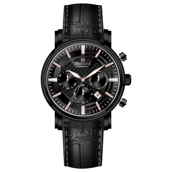 Branded wrist watch for men in pakistan. A black analog watch with a leather band, chronograph features, and a date display.