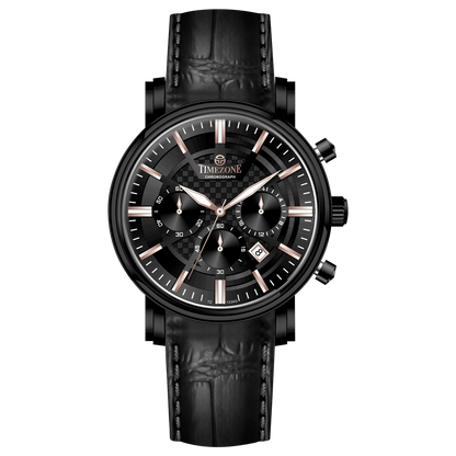 Branded wrist watch for men in pakistan. A black analog watch with a leather band, chronograph features, and a date display.