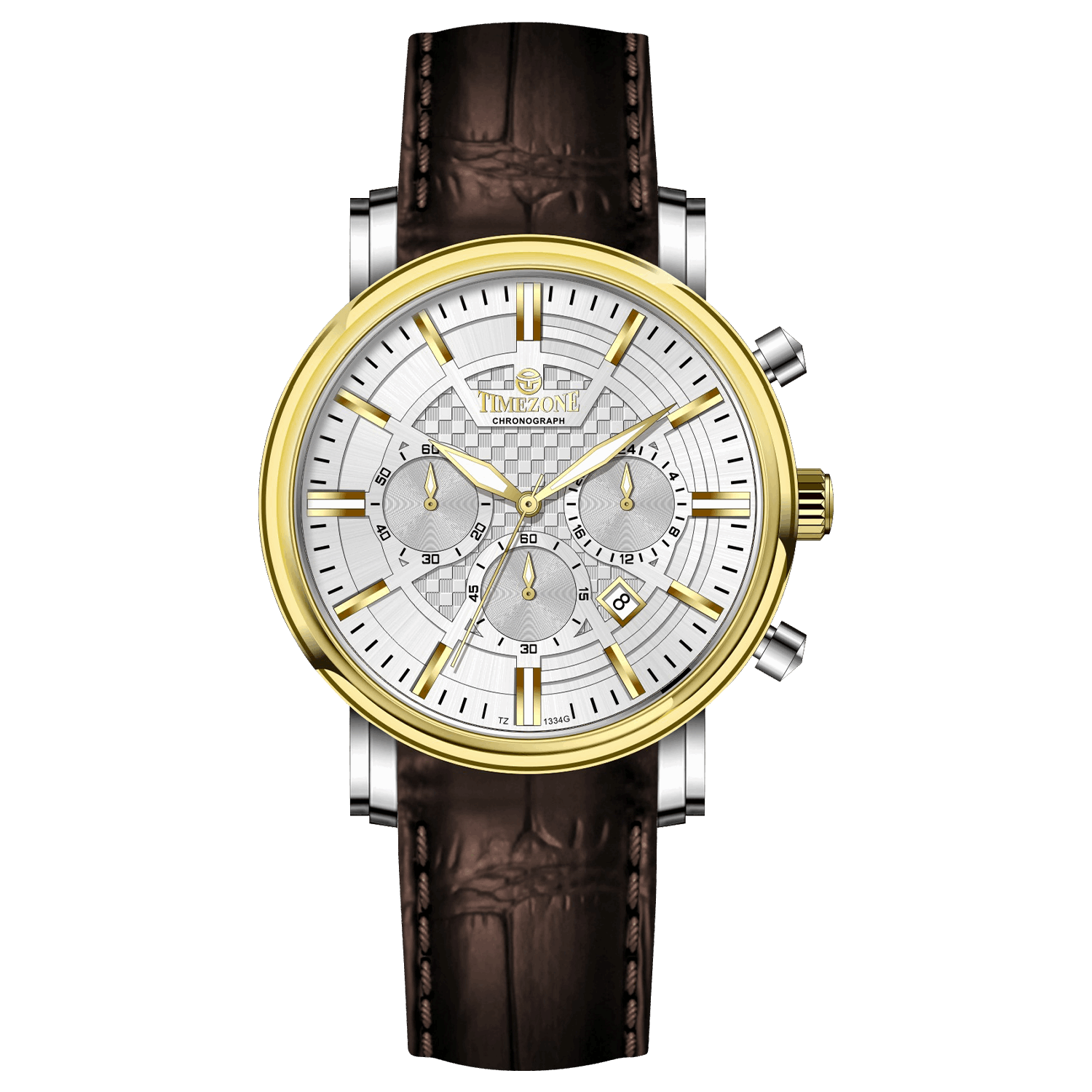 Branded wrist watch for men in pakistan.  A stylish men's watch with a gold case, silver dial, and a brown leather strap.