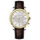 Branded wrist watch for men in pakistan.  A stylish men's watch with a gold case, silver dial, and a brown leather strap.