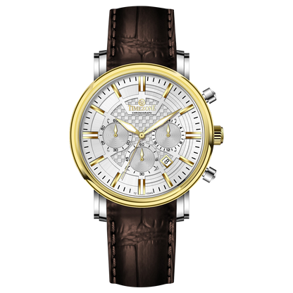 Branded wrist watch for men in pakistan.  A stylish men's watch with a gold case, silver dial, and a brown leather strap.