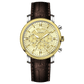 Branded wrist watch for men in pakistan. A stylish men's watch with a gold case, silver dial, and a brown leather strap.