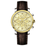 Branded wrist watch for men in pakistan. A stylish men's watch with a gold case, silver dial, and a brown leather strap.