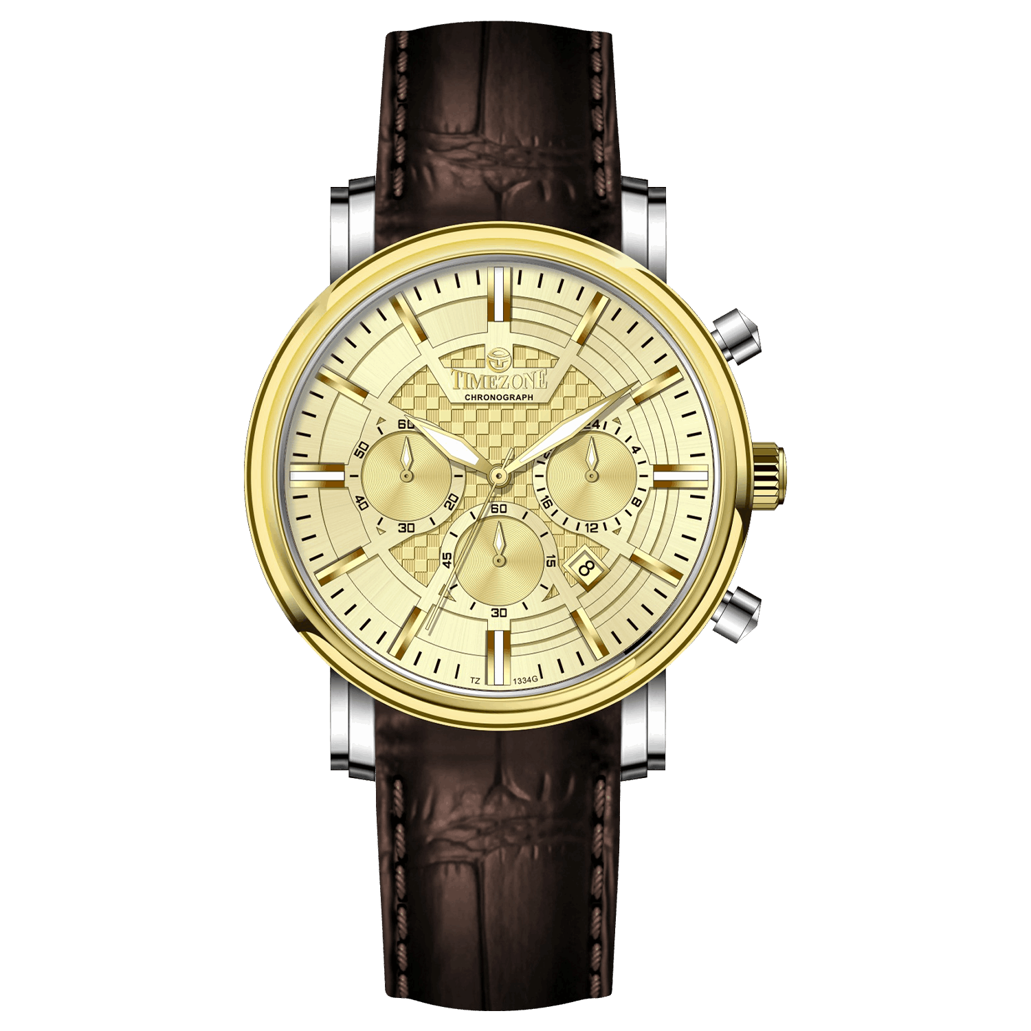Branded wrist watch for men in pakistan. A stylish men's watch with a gold case, silver dial, and a brown leather strap.