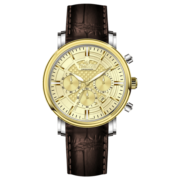 Branded wrist watch for men in pakistan. A stylish men's watch with a gold case, silver dial, and a brown leather strap.