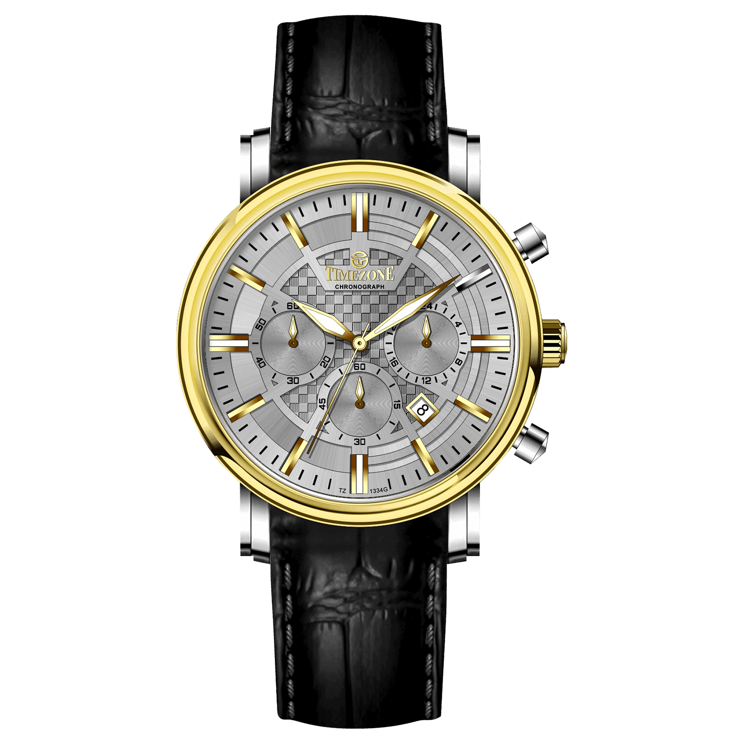 Branded wrist watch for men in pakistan. A stylish men's watch with a gold case, silver dial, and a leather strap.