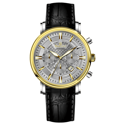 Branded wrist watch for men in pakistan. A stylish men's watch with a gold case, silver dial, and a leather strap.