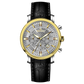 Branded wrist watch for men in pakistan. A stylish men's watch with a gold case, silver dial, and a leather strap.