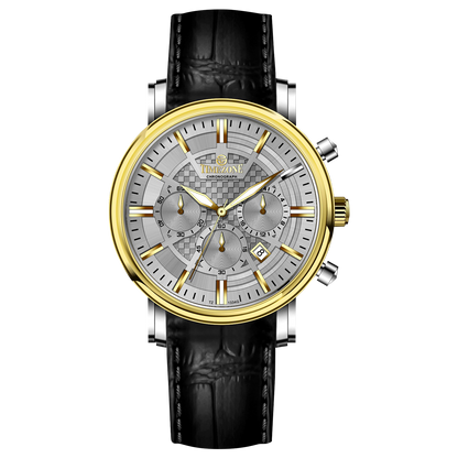 Branded wrist watch for men in pakistan. A stylish men's watch with a gold case, silver dial, and a leather strap.