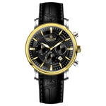 Branded wrist watch for men in pakistan. A stylish men's watch with a gold case, silver dial, and a leather strap.