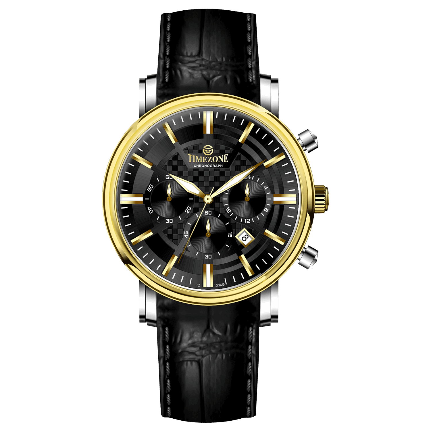 Branded wrist watch for men in pakistan. A stylish men's watch with a gold case, silver dial, and a leather strap.
