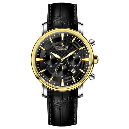 Branded wrist watch for men in pakistan. A stylish men's watch with a gold case, silver dial, and a leather strap.