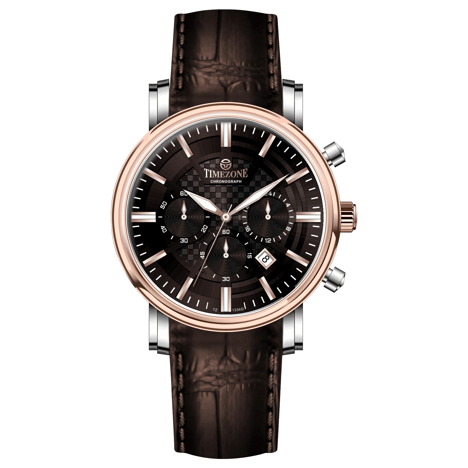 Branded wrist watch for men in pakistan. A stylish Vaur Epoch watch with a silver dial, rose gold case, and a brown leather strap.