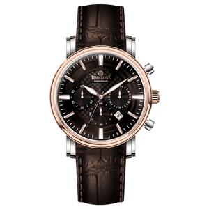 Branded wrist watch for men in pakistan. A stylish Vaur Epoch watch with a silver dial, rose gold case, and a brown leather strap.
