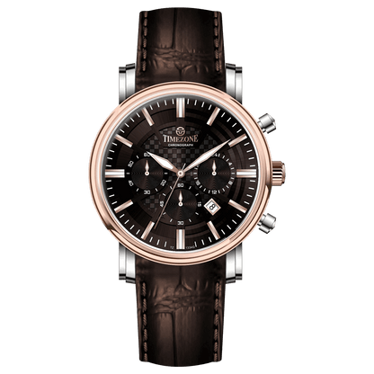 Branded wrist watch for men in pakistan. A stylish Vaur Epoch watch with a silver dial, rose gold case, and a brown leather strap.