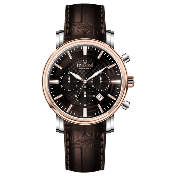 Branded wrist watch for men in pakistan. A stylish Vaur Epoch watch with a silver dial, rose gold case, and a brown leather strap.