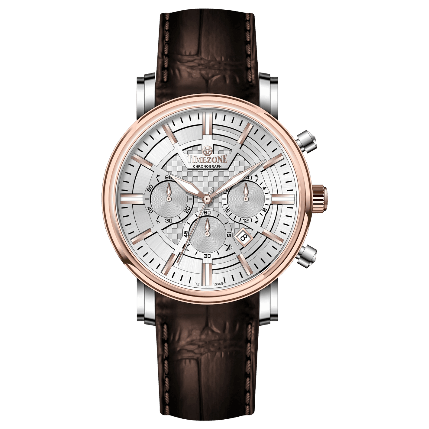 Branded wrist watch for men in pakistan. A stylish Vaur Epoch watch with a silver dial, rose gold case, and a brown leather strap.