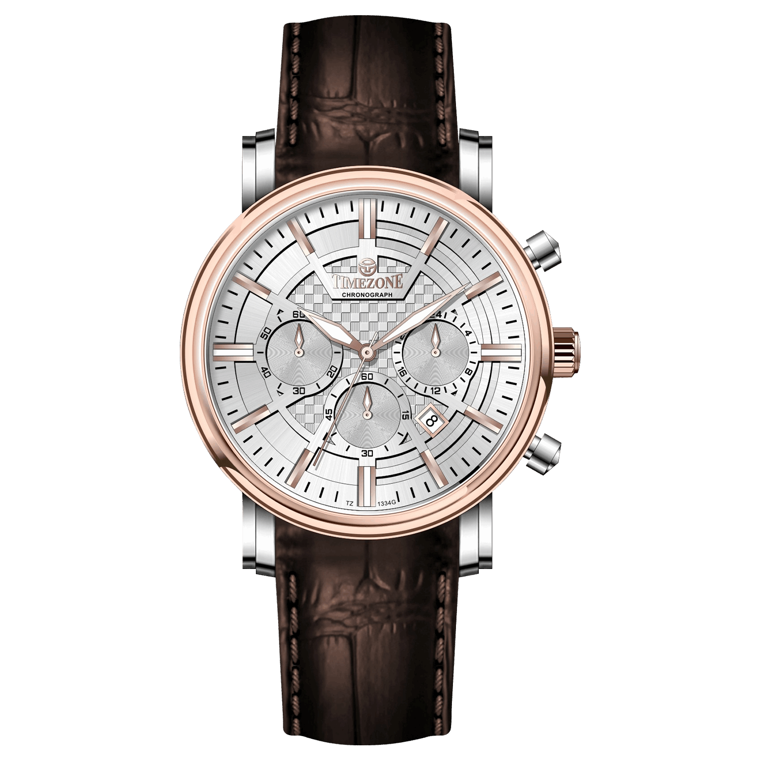 Branded wrist watch for men in pakistan. A stylish Vaur Epoch watch with a silver dial, rose gold case, and a brown leather strap.