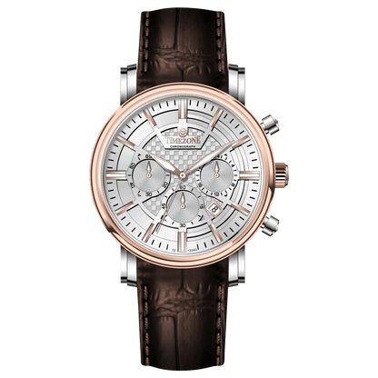 Branded wrist watch for men in pakistan. A stylish Vaur Epoch watch with a silver dial, rose gold case, and a brown leather strap.