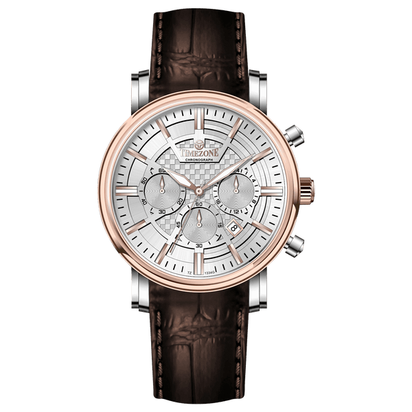Branded wrist watch for men in pakistan. A stylish Vaur Epoch watch with a silver dial, rose gold case, and a brown leather strap.