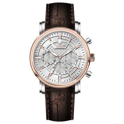 Branded wrist watch for men in pakistan. A stylish Vaur Epoch watch with a silver dial, rose gold case, and a brown leather strap.
