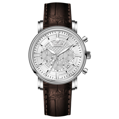 Branded wrist watch for men in pakistan. A silver-colored round analog watch with a brown leather strap and a chronograph function, displayed against a plain background.