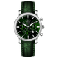 Branded wrist watch for men in pakistan.  A silver-colored round analog watch with a leather strap and a chronograph function, displayed against a plain background.
