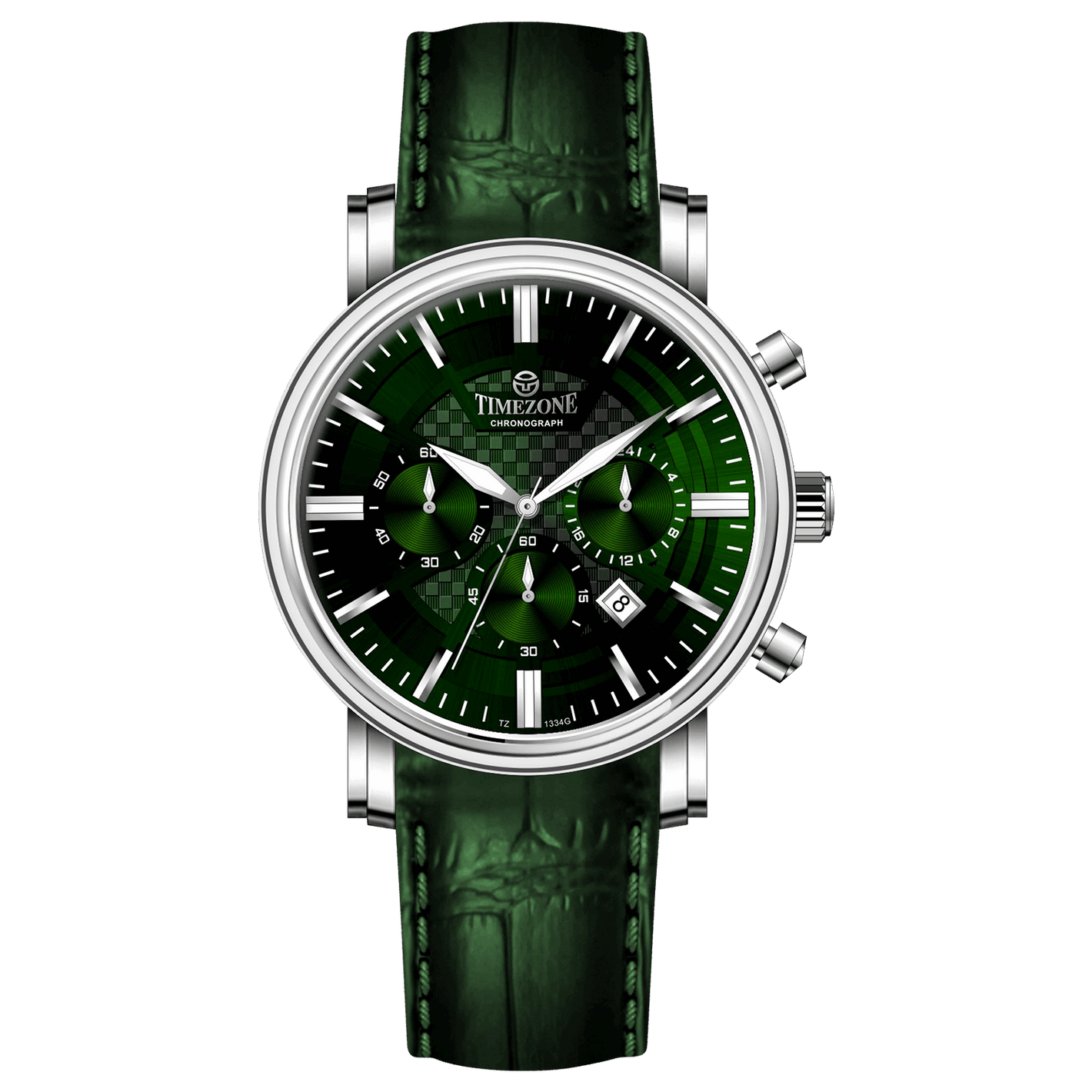 Branded wrist watch for men in pakistan.  A silver-colored round analog watch with a leather strap and a chronograph function, displayed against a plain background.