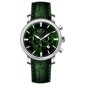 Branded wrist watch for men in pakistan.  A silver-colored round analog watch with a leather strap and a chronograph function, displayed against a plain background.