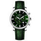 Branded wrist watch for men in pakistan.  A silver-colored round analog watch with a leather strap and a chronograph function, displayed against a plain background.