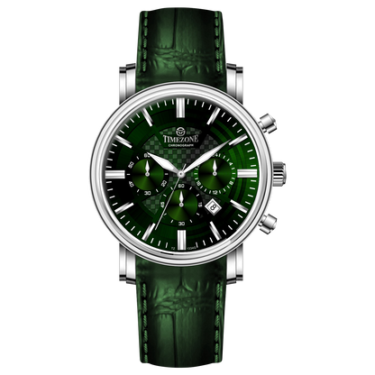 Branded wrist watch for men in pakistan.  A silver-colored round analog watch with a leather strap and a chronograph function, displayed against a plain background.