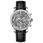 Branded wrist watch for men in pakistan.  A silver-colored round analog watch with a leather strap and a chronograph function, displayed against a plain background.