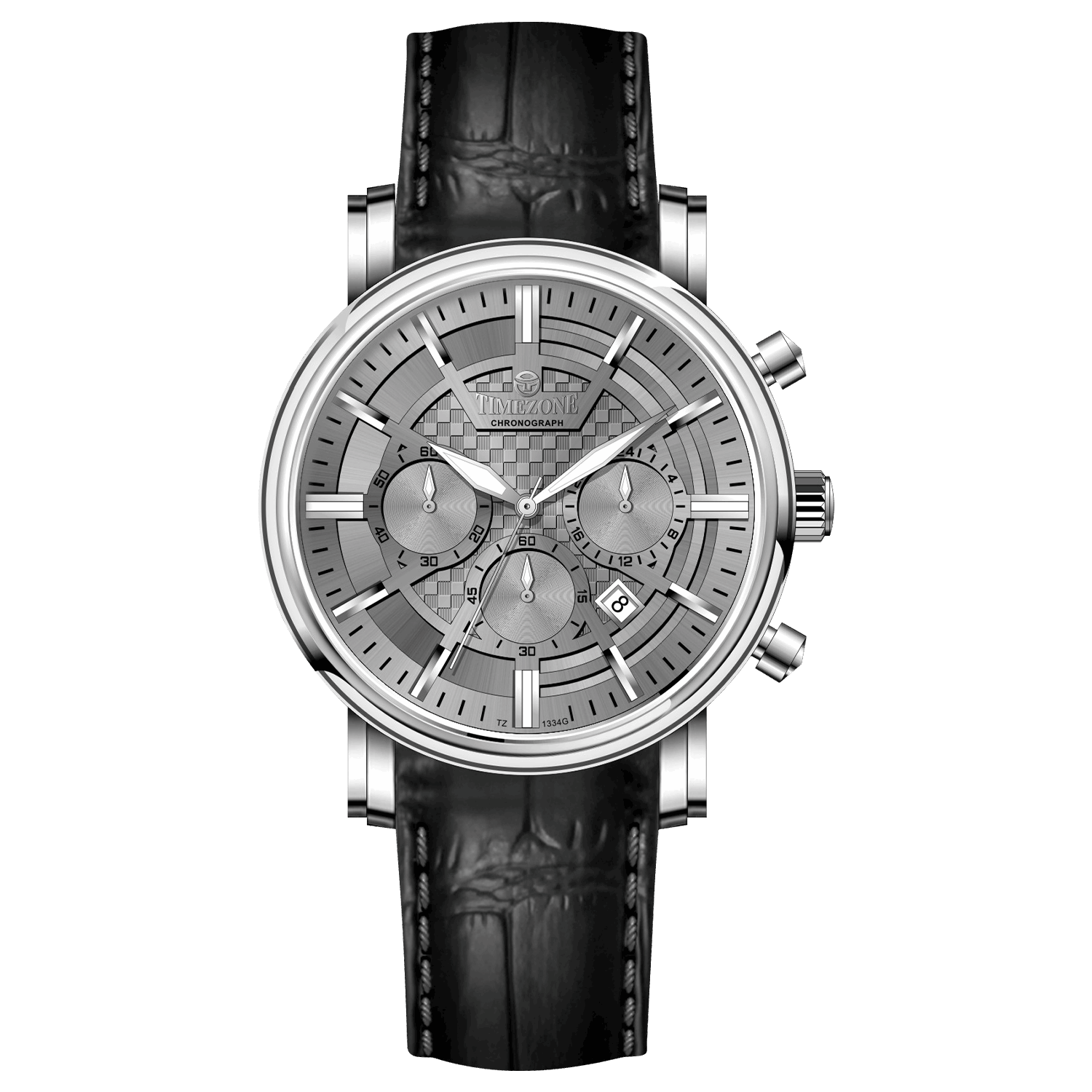 Branded wrist watch for men in pakistan.  A silver-colored round analog watch with a leather strap and a chronograph function, displayed against a plain background.