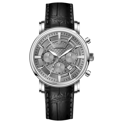 Branded wrist watch for men in pakistan.  A silver-colored round analog watch with a leather strap and a chronograph function, displayed against a plain background.