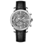 Branded wrist watch for men in pakistan.  A silver-colored round analog watch with a leather strap and a chronograph function, displayed against a plain background.