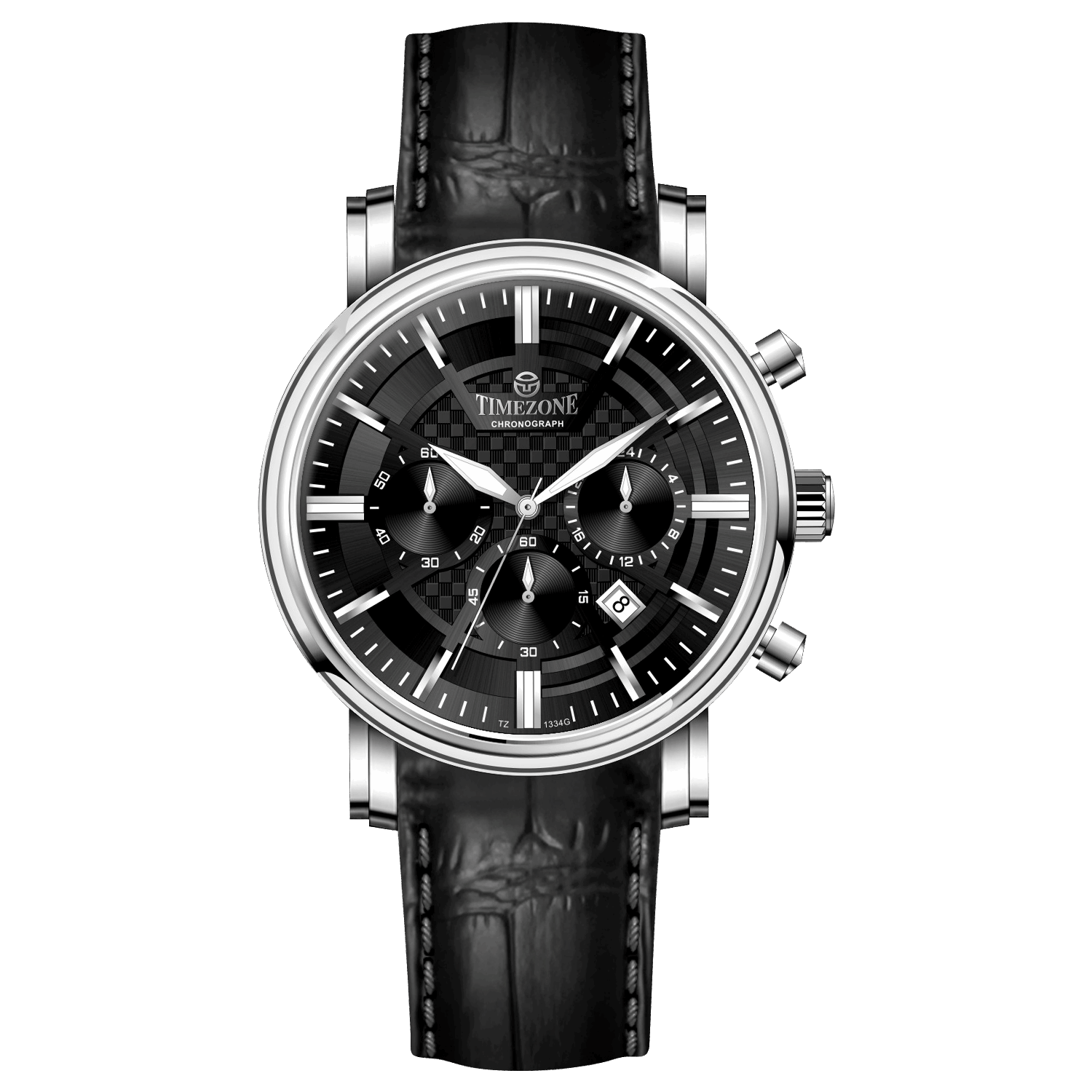Branded wrist watch for men in pakistan. A silver-colored round analog watch with a leather strap and a chronograph function, displayed against a plain background.