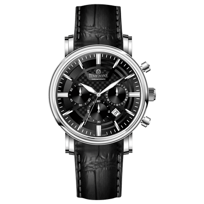 Branded wrist watch for men in pakistan. A silver-colored round analog watch with a leather strap and a chronograph function, displayed against a plain background.