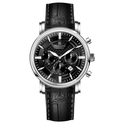 Branded wrist watch for men in pakistan. A silver-colored round analog watch with a leather strap and a chronograph function, displayed against a plain background.