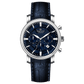 Branded wrist watch for men in pakistan. A silver-colored round analog watch with a leather strap and a chronograph function, displayed against a plain background.
