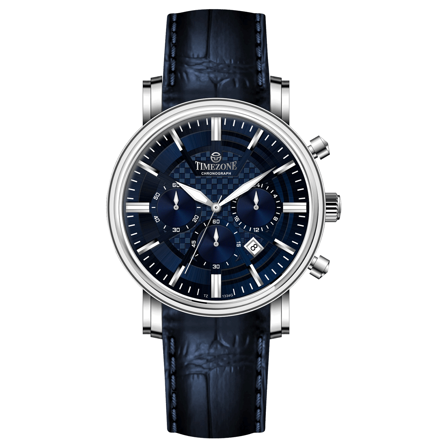 Branded wrist watch for men in pakistan. A silver-colored round analog watch with a leather strap and a chronograph function, displayed against a plain background.